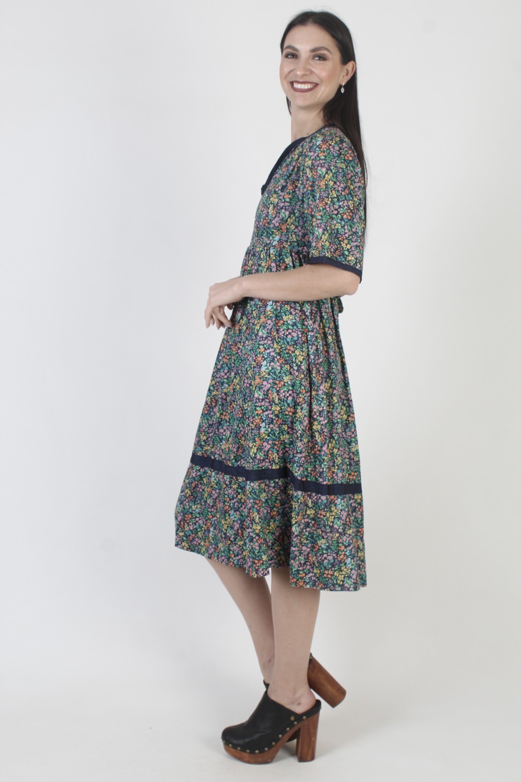 Vtg Calico Floral Sundress Knee Length Prairie Peasant Festival Boho Midi Dress