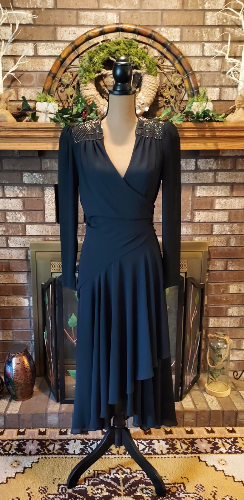 Vintage Casadei Black Beaded Ruched Asymmetrical Hem Wrap Cocktail Party Dress 6