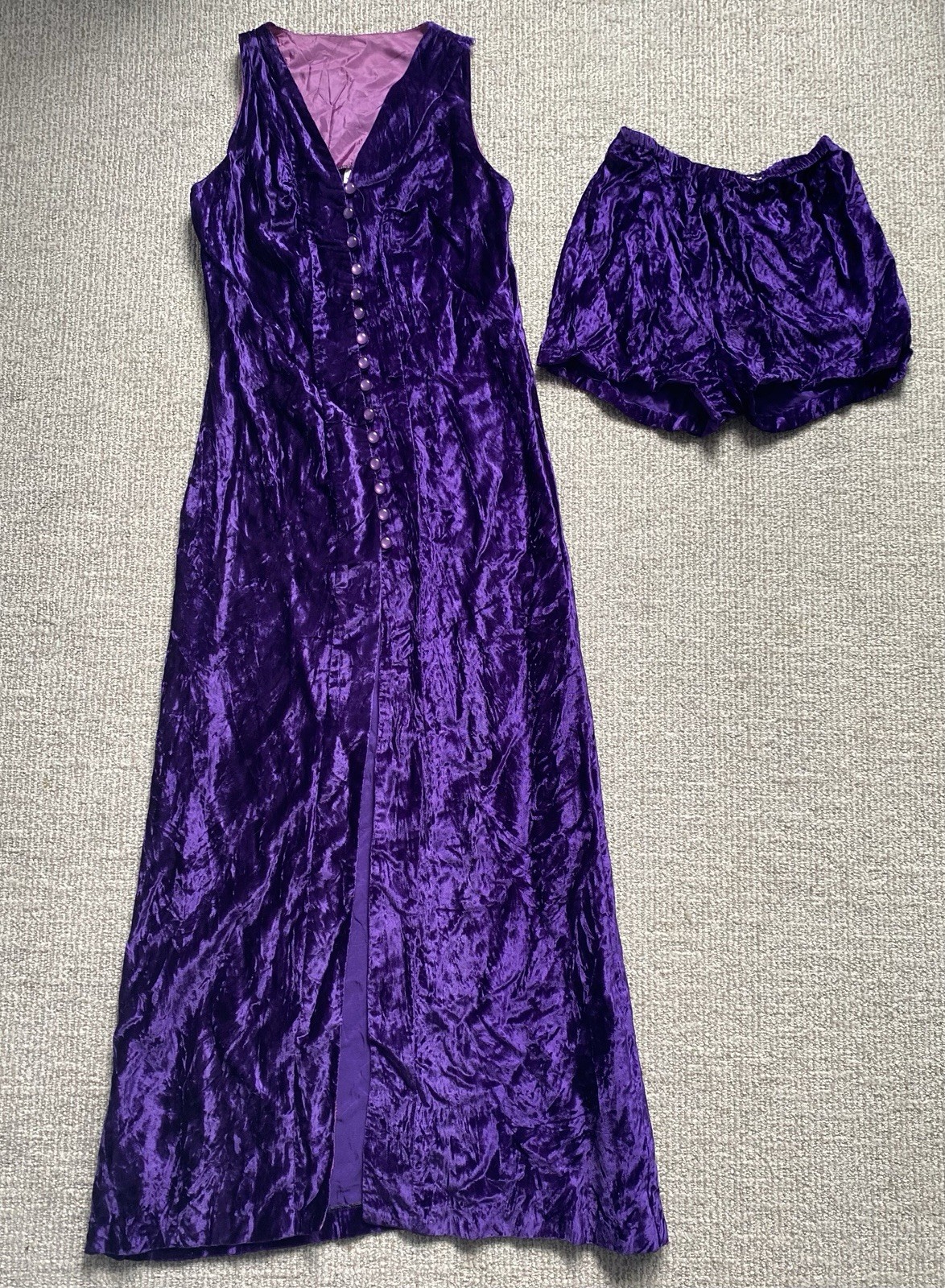 1970s This Is Yours San Francisco Velvet Dress & Shorts Hot Pants Purple Buttons