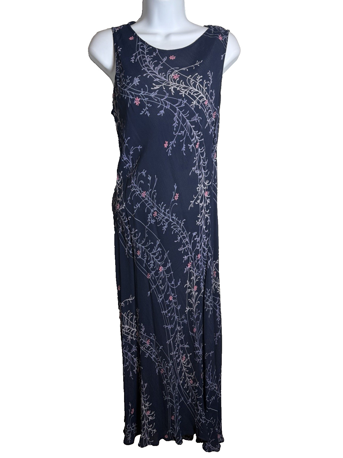 Vtg 90s Nostalgia Navy Blue Midi Slip Dress~L~Rayon Crepe Bias Cut Grunge Femme
