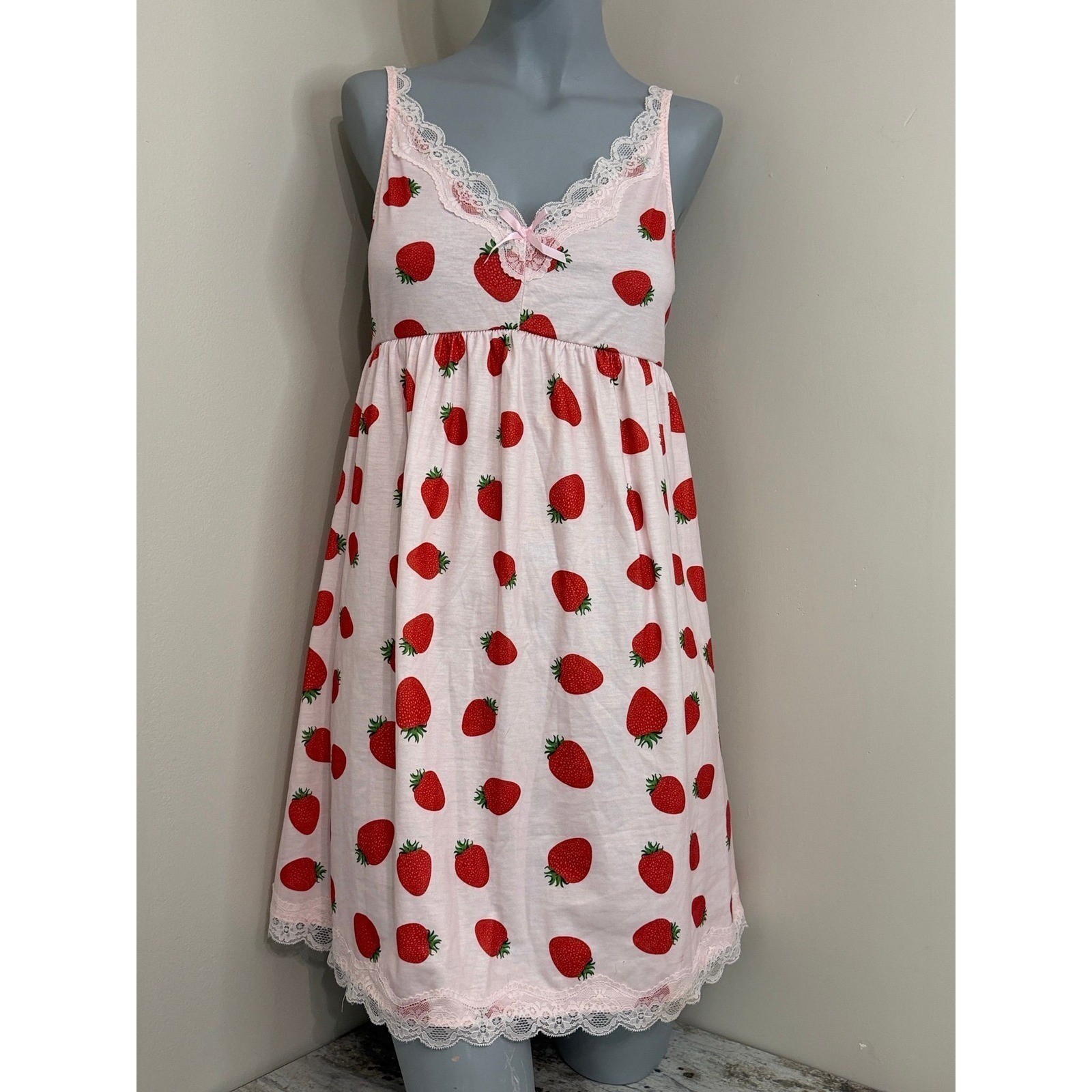 AVIDLOVE Strawberry Print Nightgown Slip Dress Pink White Size M