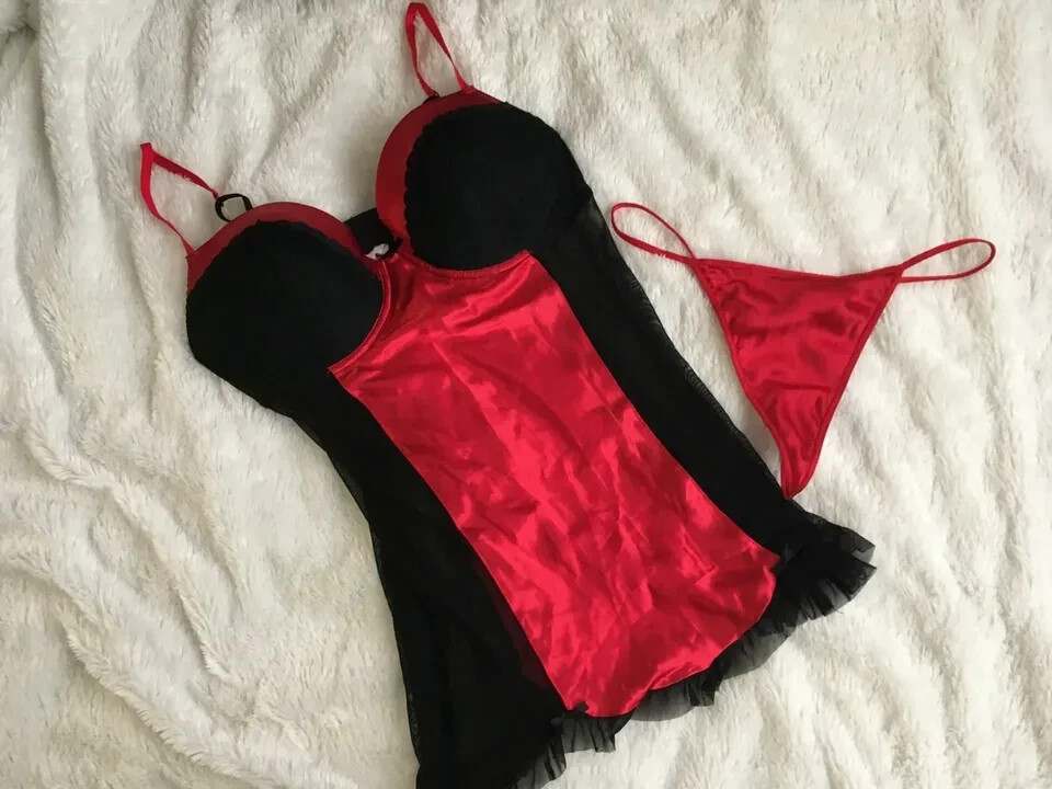 Vtg XL Red SATIN PADDED Babydoll Nightgown &G-STRING PANTY Set Lot 40 Lace Mesh