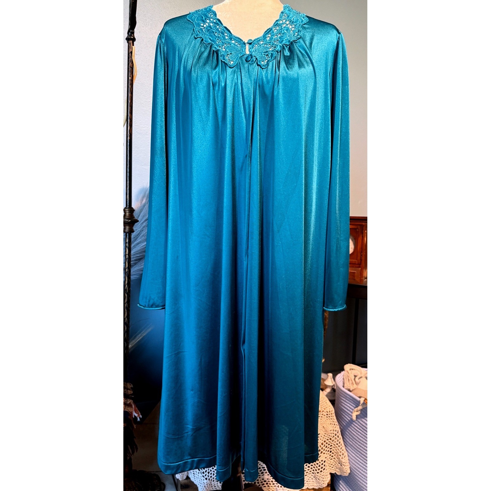 Vintage 1980s Vanity Fair Peacock Blue Nylon Tricot Lace Nightgown