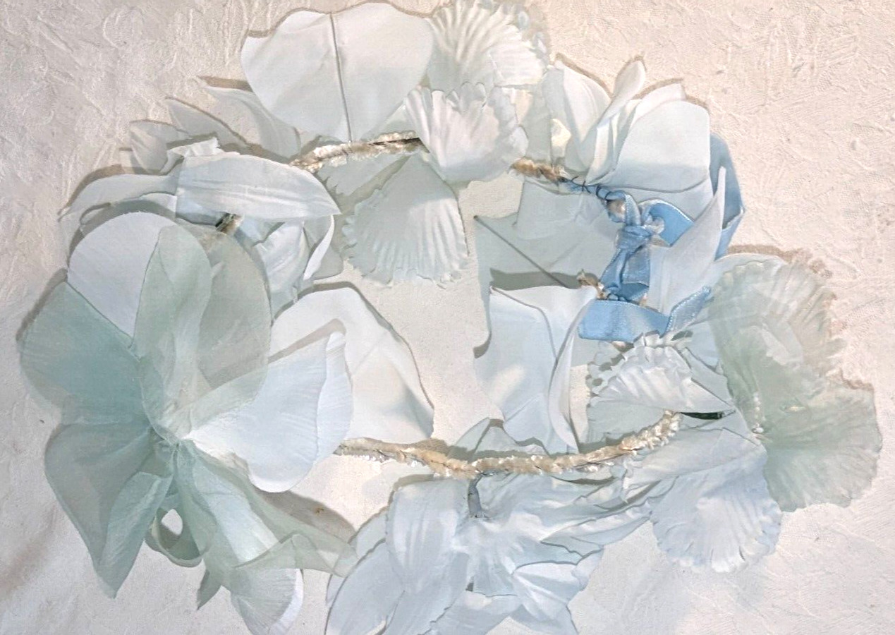 Gorgeous Vintage 40s 50s NOS Light Blue Chenille & Silk Flowers Headband Hatband