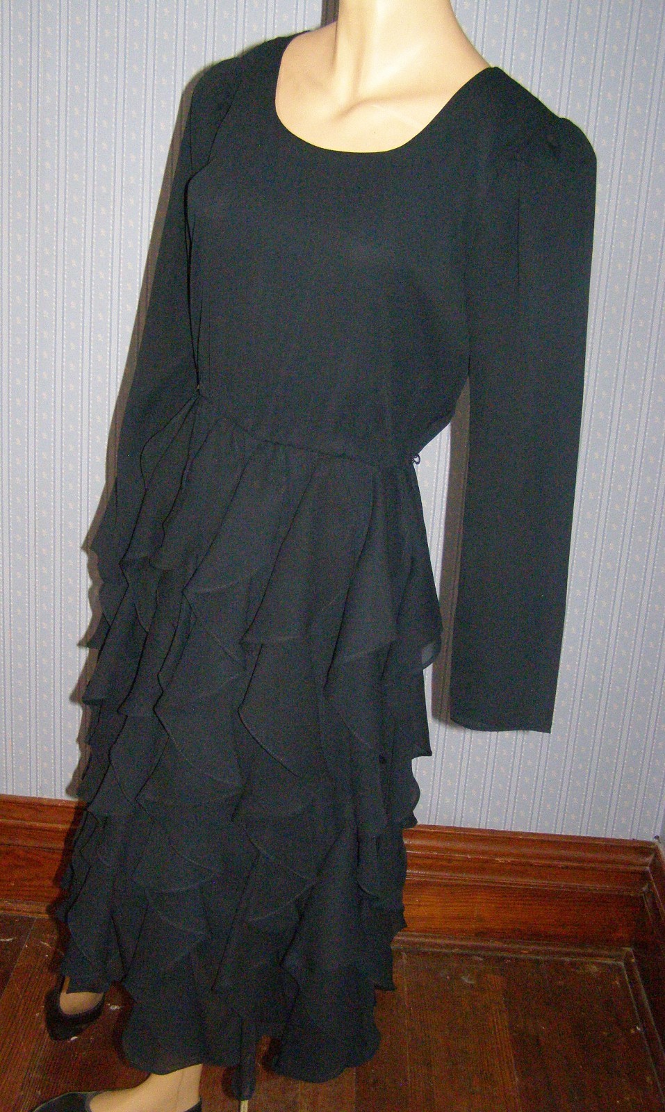 Vintage 80’s simple black semi-sheer TIERED RUFFLE dress S M chiffon evening