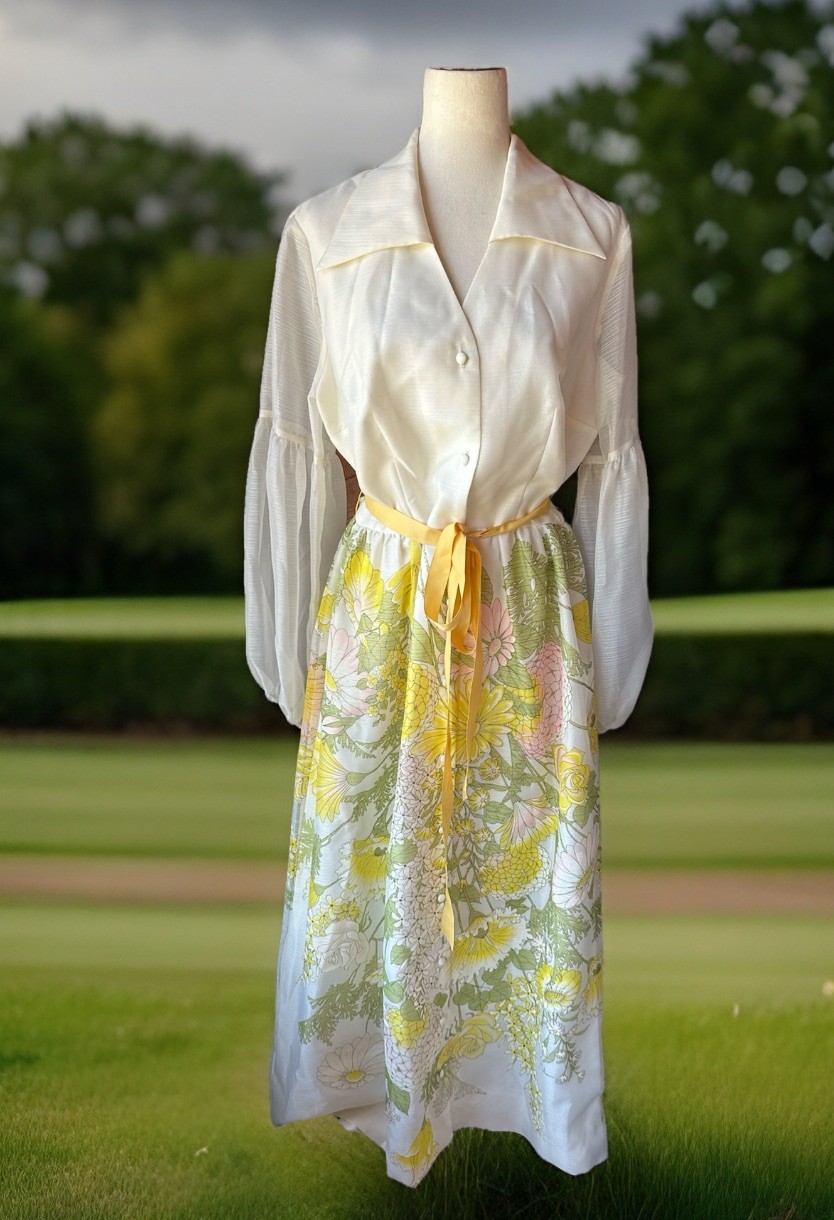 Vtg Alfred Shaheen 60s-70s Organza Maxi Dress Hostess Gown Floral. Size Large