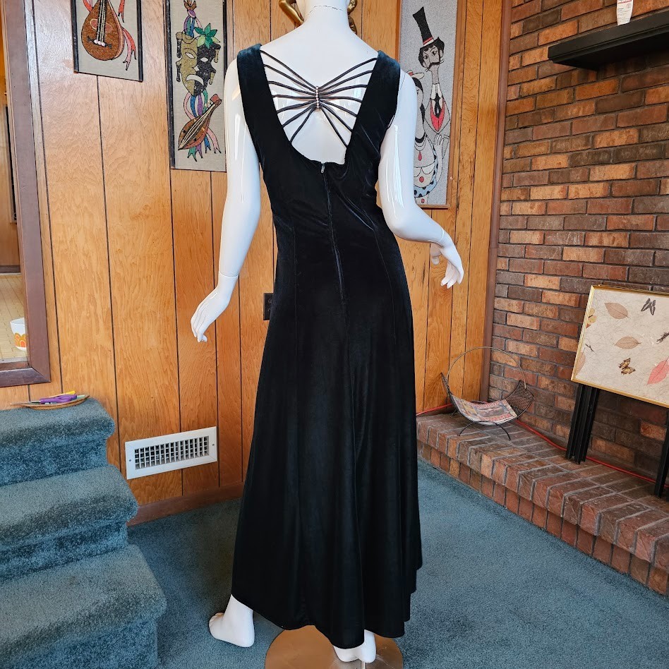 Vtg 90 Y2K Curvy Plus Goth Spider Back Emerald Green Velvet Prom Maxi Dress L/XL