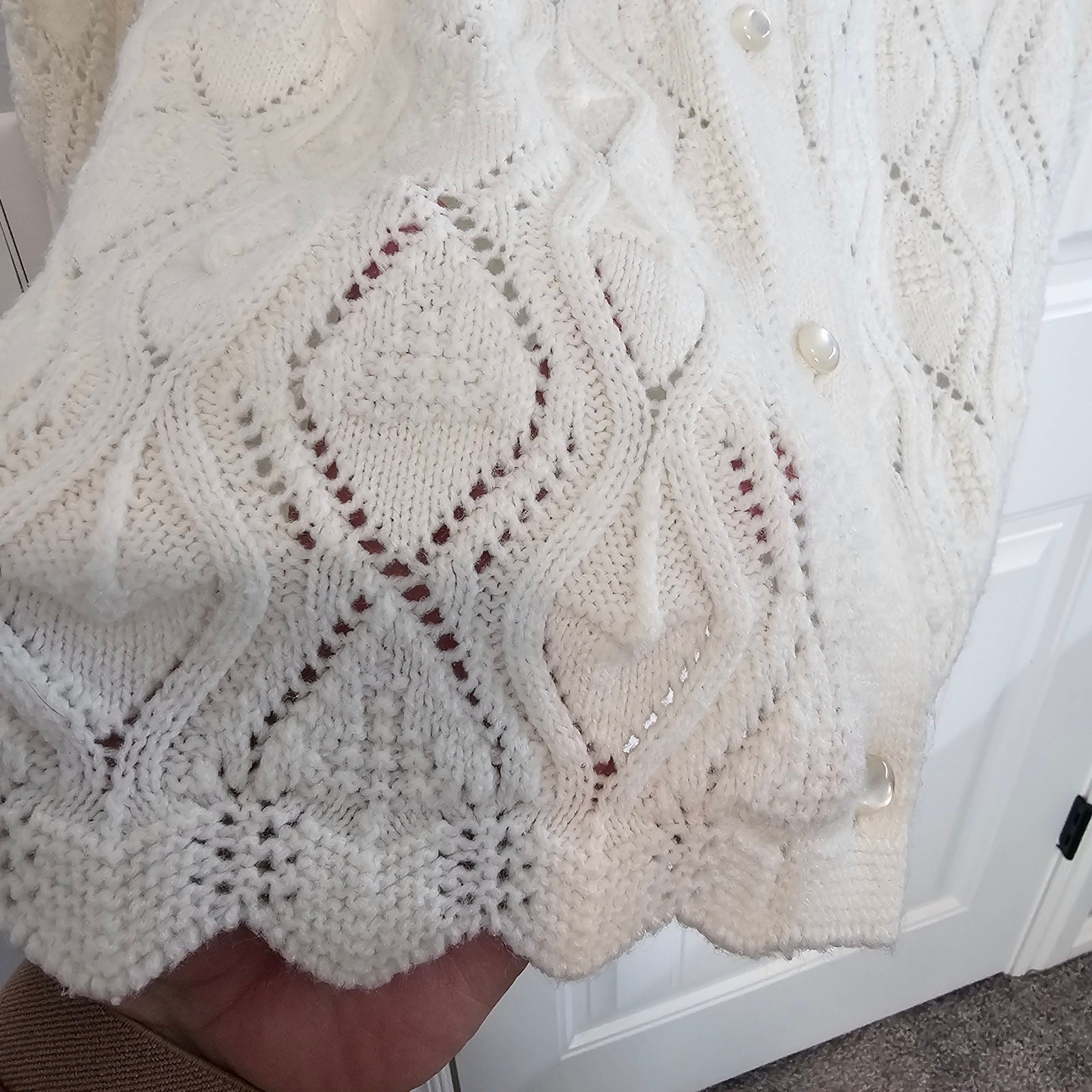 Vintage Knit Cardigan Womens Med White Cottage Button Neutral Sheer Granny Retro