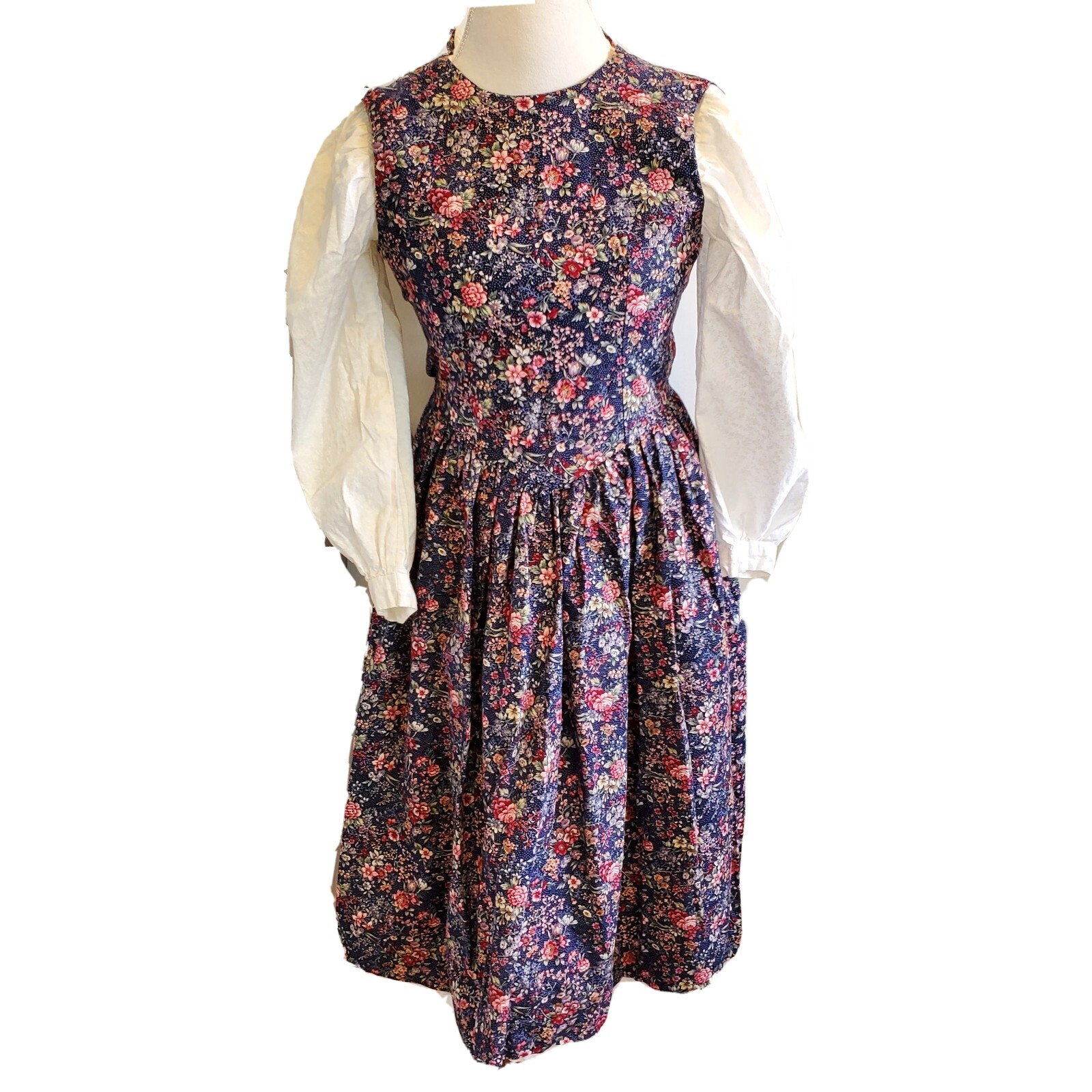 Vintage Prairie Dress XS Ditsy Floral Midi Navy Blue Sleeveless Cottage Core