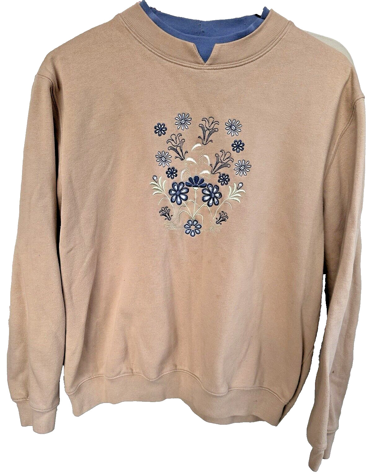 Vintage Baxter & Wells Sweater Womens L Tan/Blue Long Sleeve Floral Embroidery