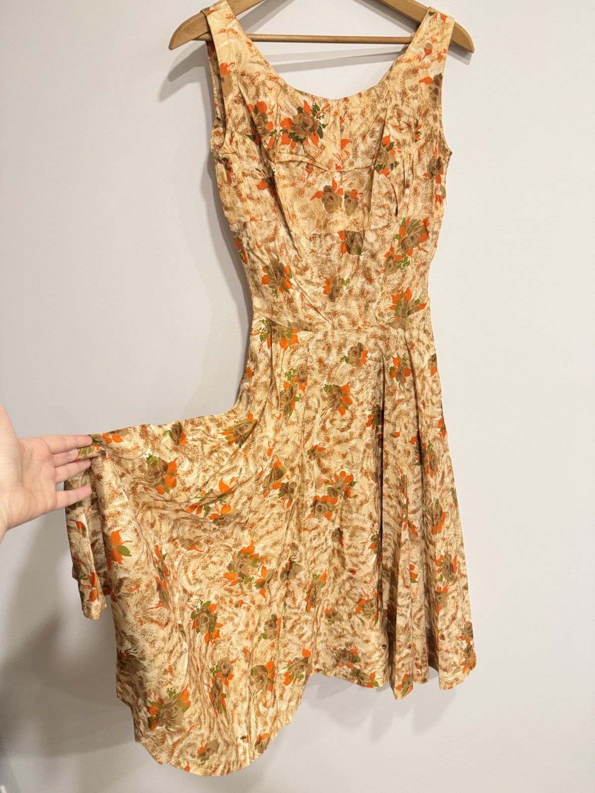 Vintage MCM 50s/60s Handmade Dress Tea Length Earth Tones Floral Fit & Flare XXS