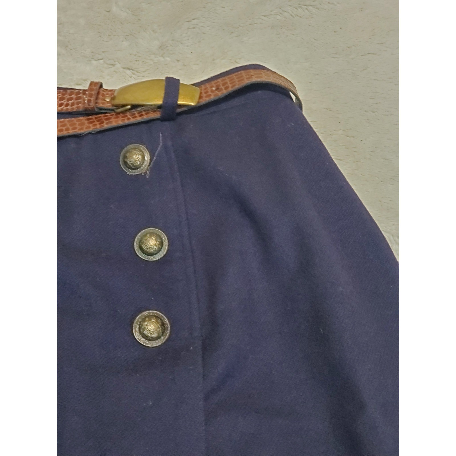 Vintage Navy Blue Wool A Line Wrap Belted Skirt 20W Academia Twee Office Classic