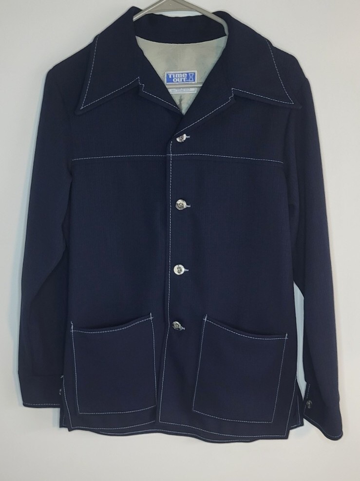 Vintage Time Out By Farah 1970s Sport Coat Leisure Suit Navy Blue Womes M/L