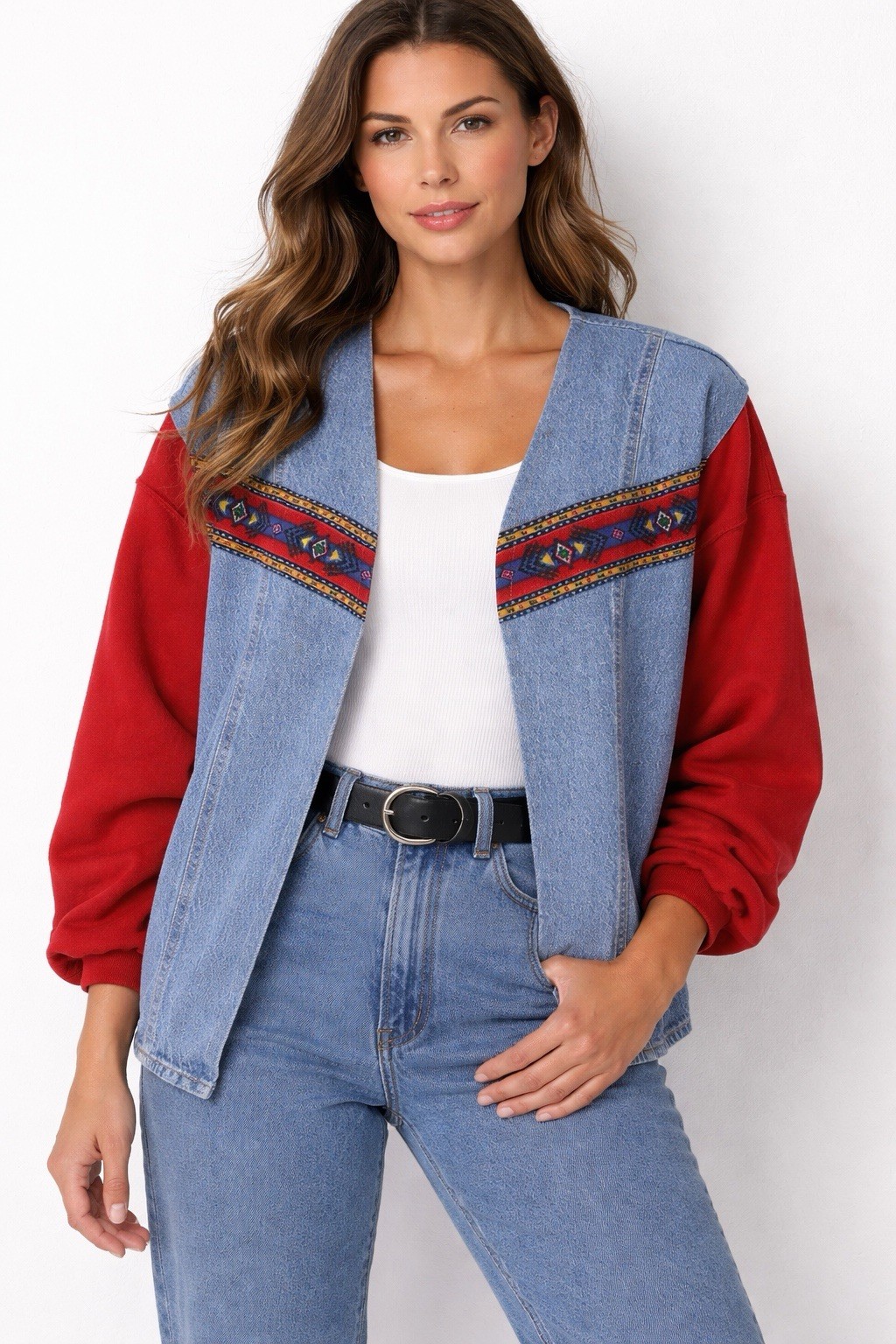 Jerzees Womens Red Denim Tribal Jacket Open Front Reworked 90s 3XL Handmade Vtg