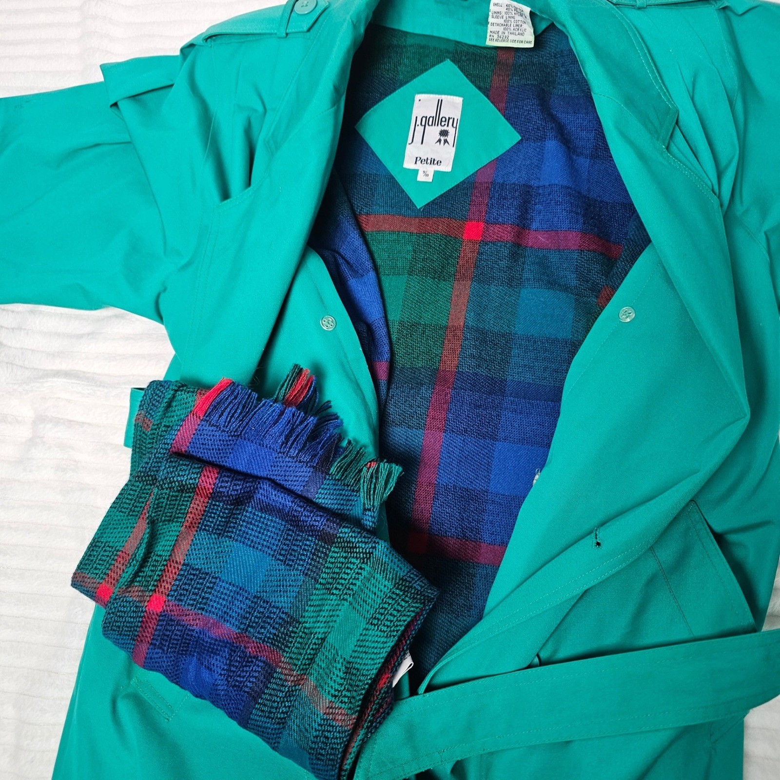 J. Gallery Womens Vintage Belted Trench Coat 9/10 Petite Teal Green Classic Prep