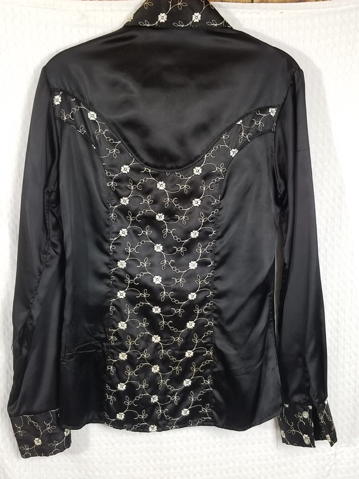 Vintage 70 s Stage West by Prior Black Floral Long Sleeve Top Size 36