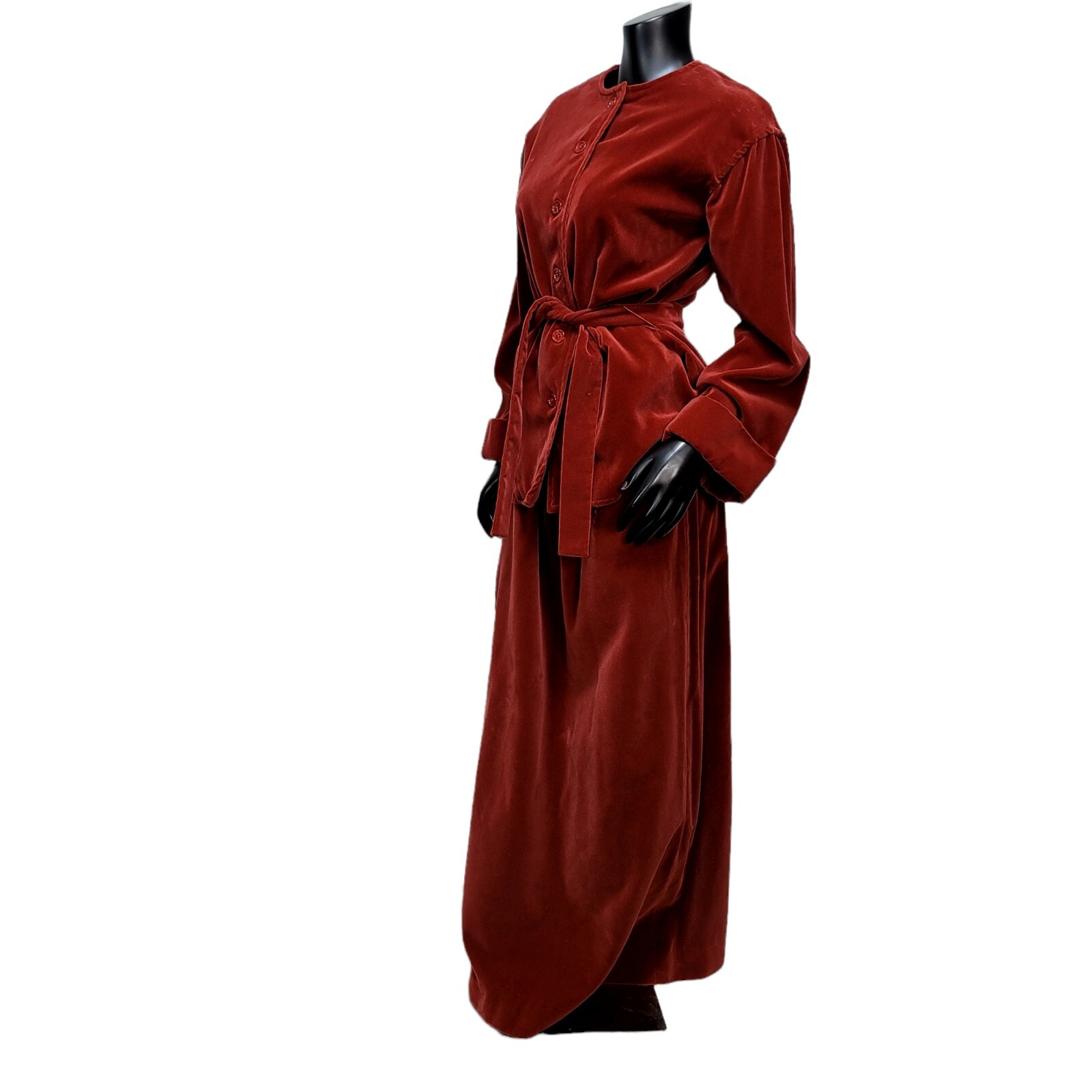 Vintage 70s Lenexa Place Rust Velour 2Pc Skirt Suit Set Belted Maxi USA ILGWU