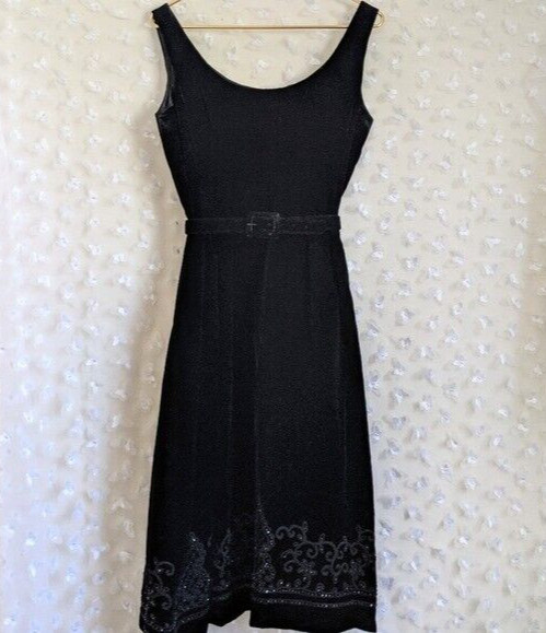 Vintage Black Velvet Cocktail Dress XS Beaded Belted 1960s Evening Glam Classy