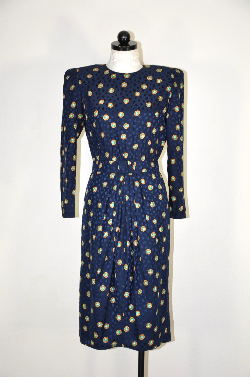 80s Vintage Navy Blue Silk Gemstone Print Puff Sleeve Back Buttons Dress Women S