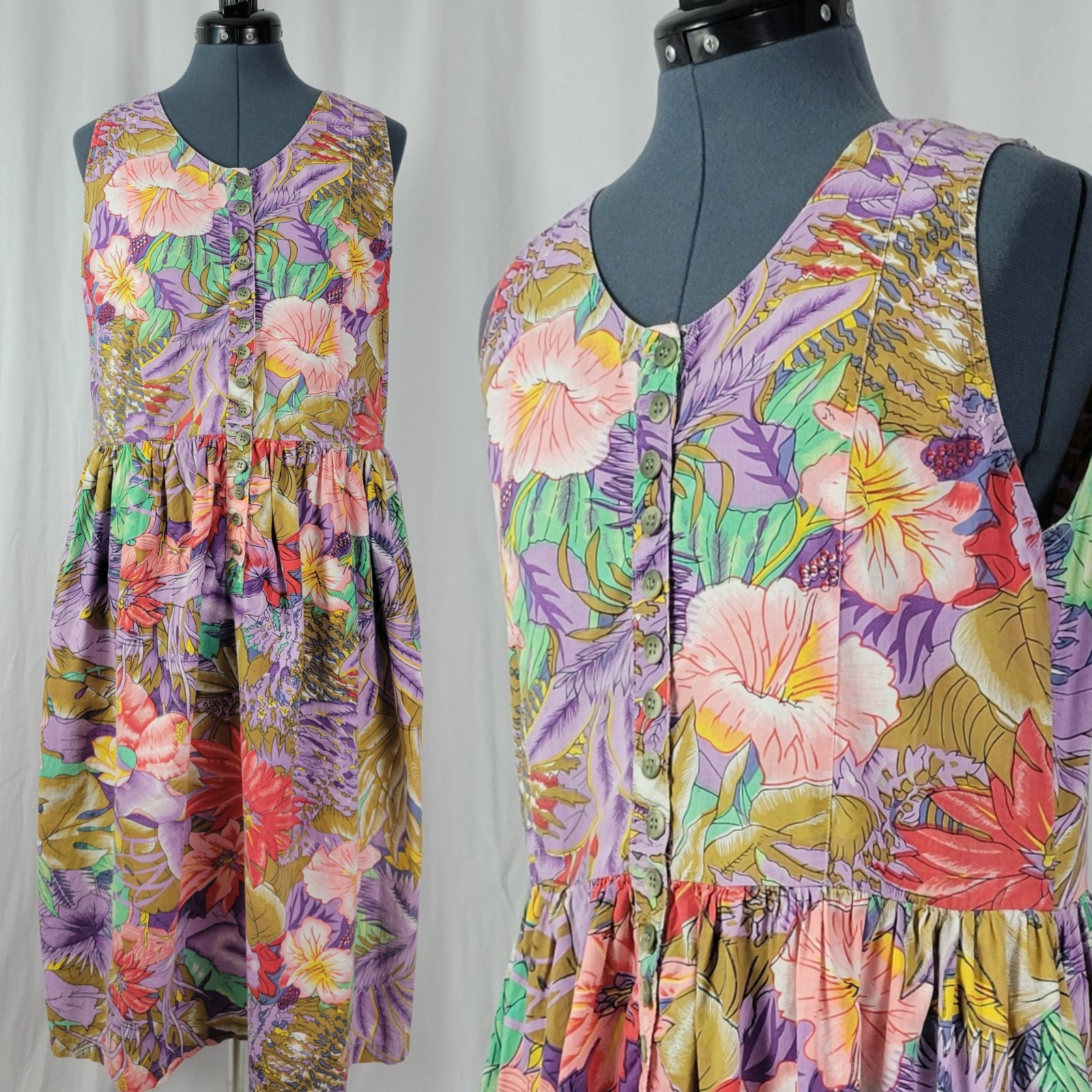 Vintage Erika Pink/Purp/Green/Tan Tropical Floral Print Jumper w Pockets Size L