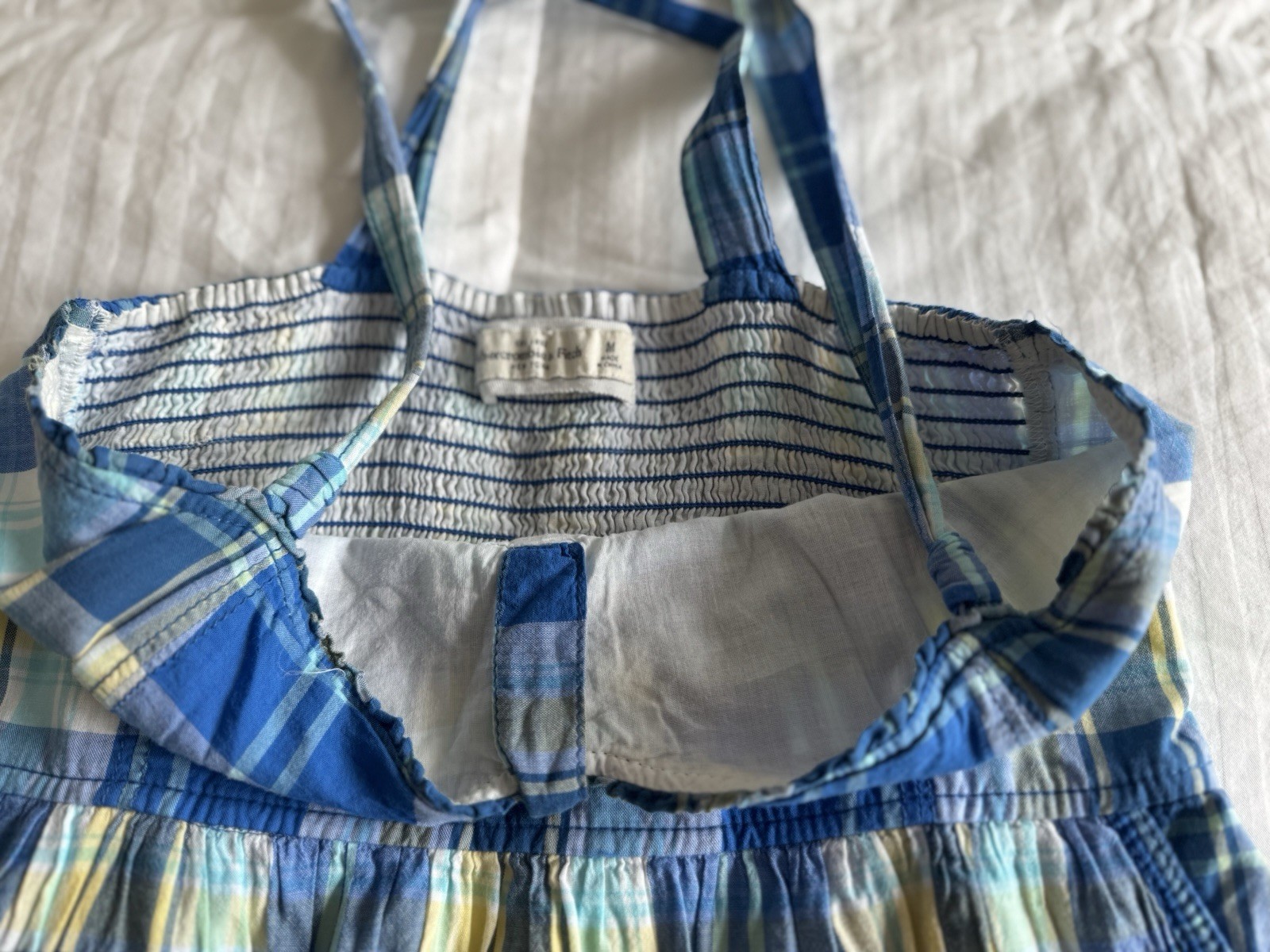 Vintage Y2K Abercrombie Blue Yellow Green Plaid Smocked Mini Sundress Sz Medium