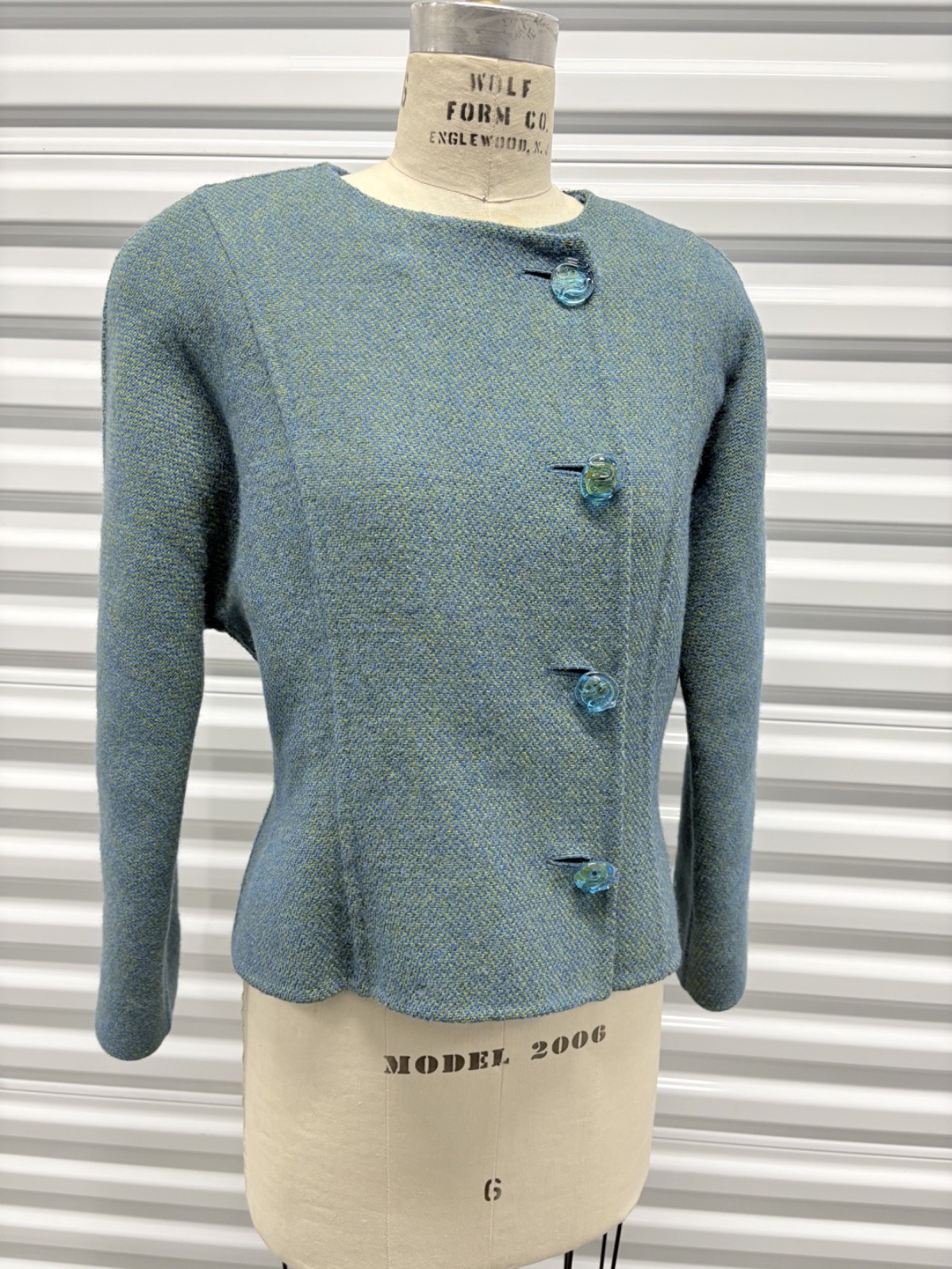 Vintage 1980s Carolyne Roehm Blue/Green Tweed Sculpted Jacket – Asymmetric 12
