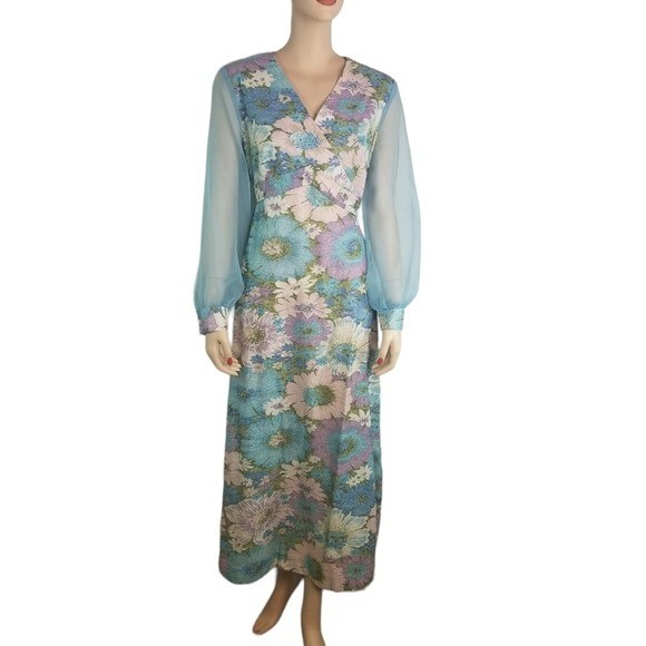 Vtg 70s floral lurex metallic sheer sleeve chiffon hostess formal maxi dress