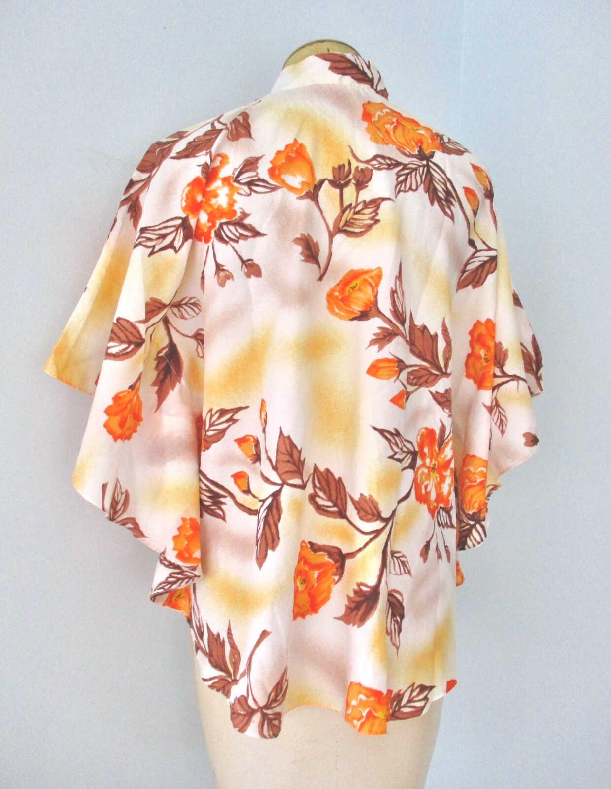 Vtg 60s 70s Hawaiian Palm Silky Poncho Cape Blouse Batwing Top Asian-Inspired M