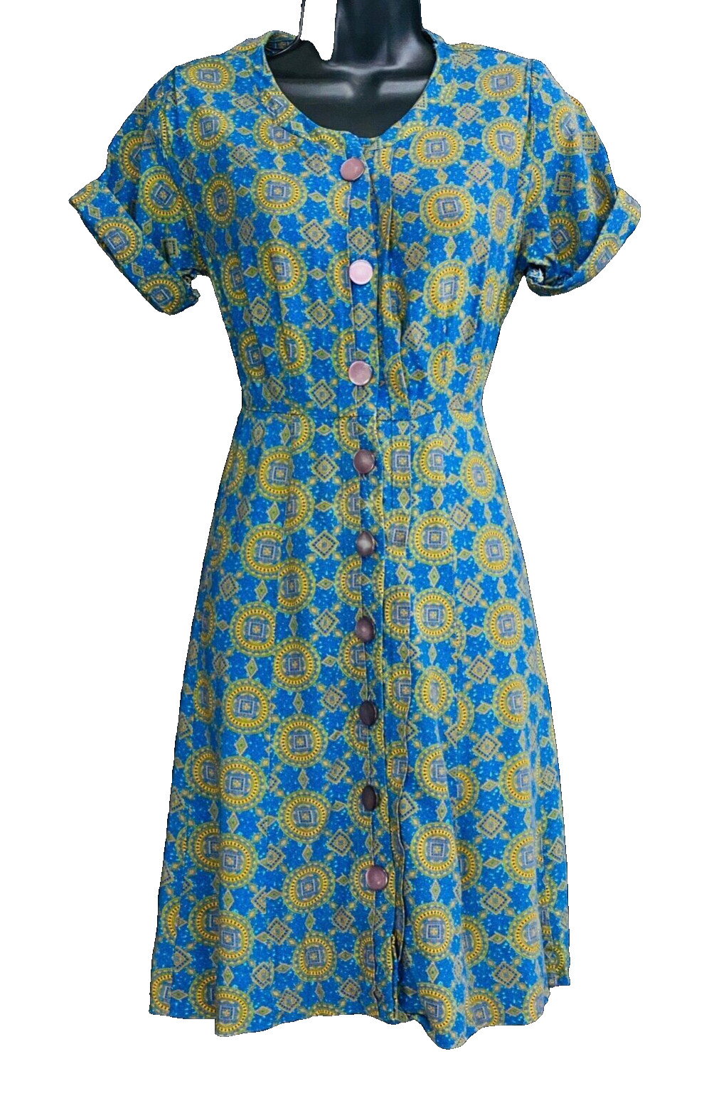 Vintage 1950s blue gold dress, cotton summer short sleeve shirt rayon green S