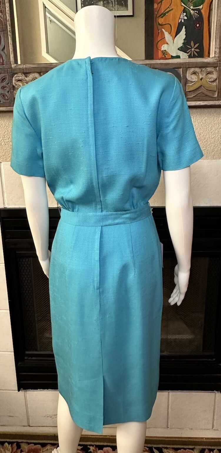 Vtg Galant Dress w/tag belted rayon turquoise Circ 1980s armpit to armpit 18″