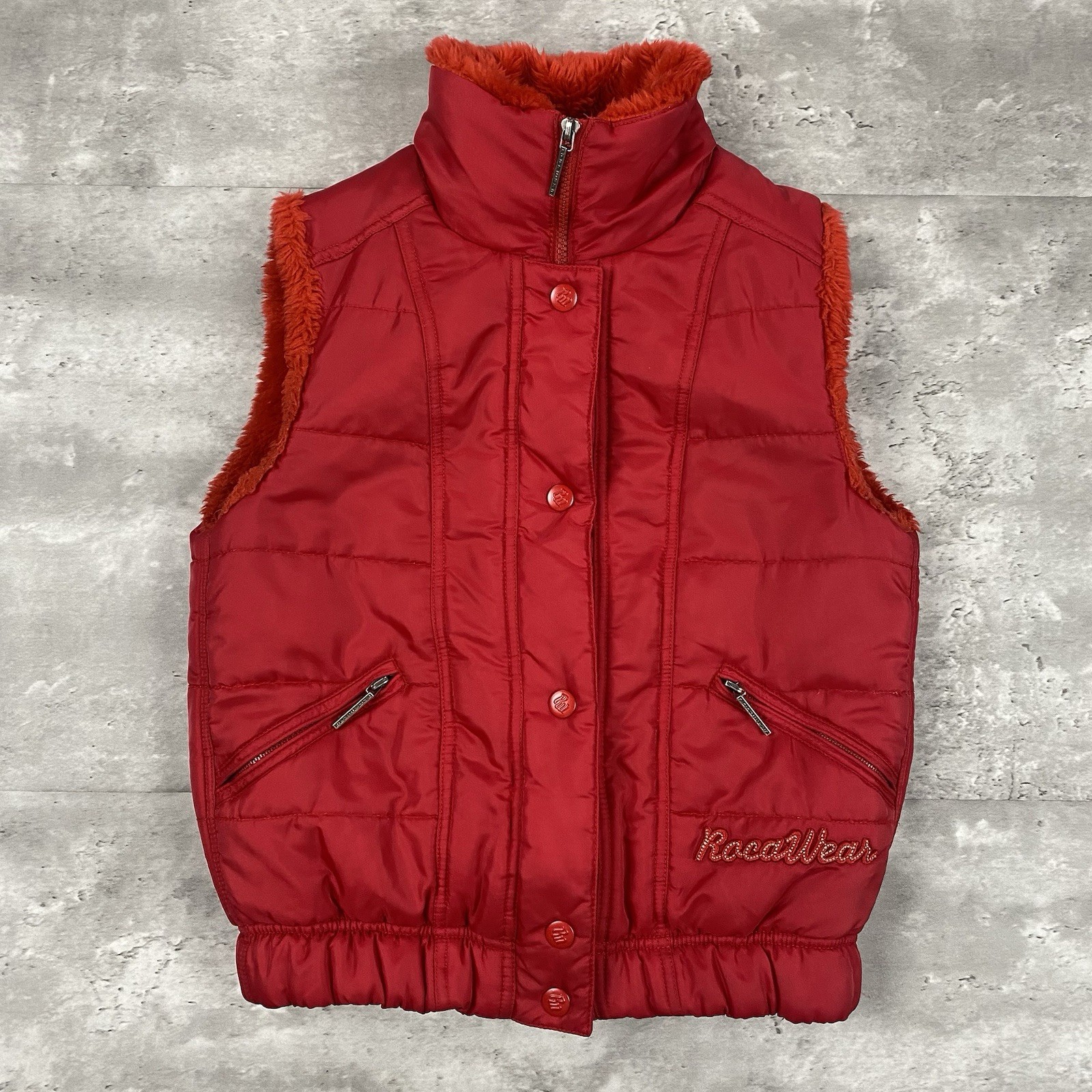 vintage ROCAWEAR vest womens fleece lined red puffer Y2K retro street wear zip