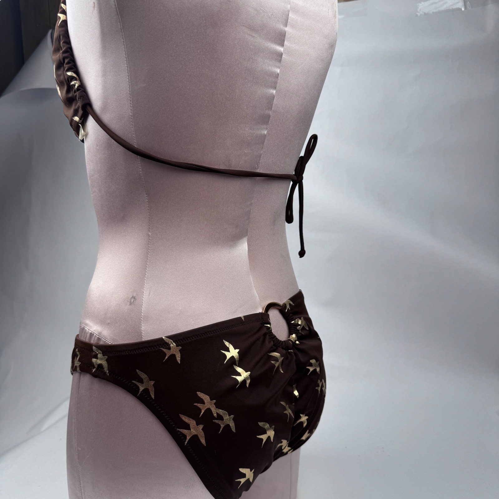 Vintage Victoria Secert Medium Two Pc Swimsuit Bikini Y2K Brown Gold Birds