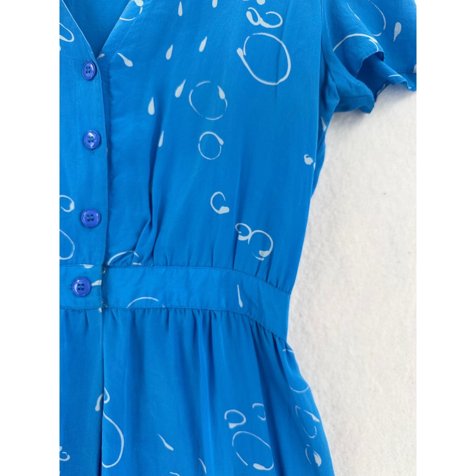 Vintage Maggy London 100% Silk Blue Abstract Bubble Print Dress V-Neck Size 6