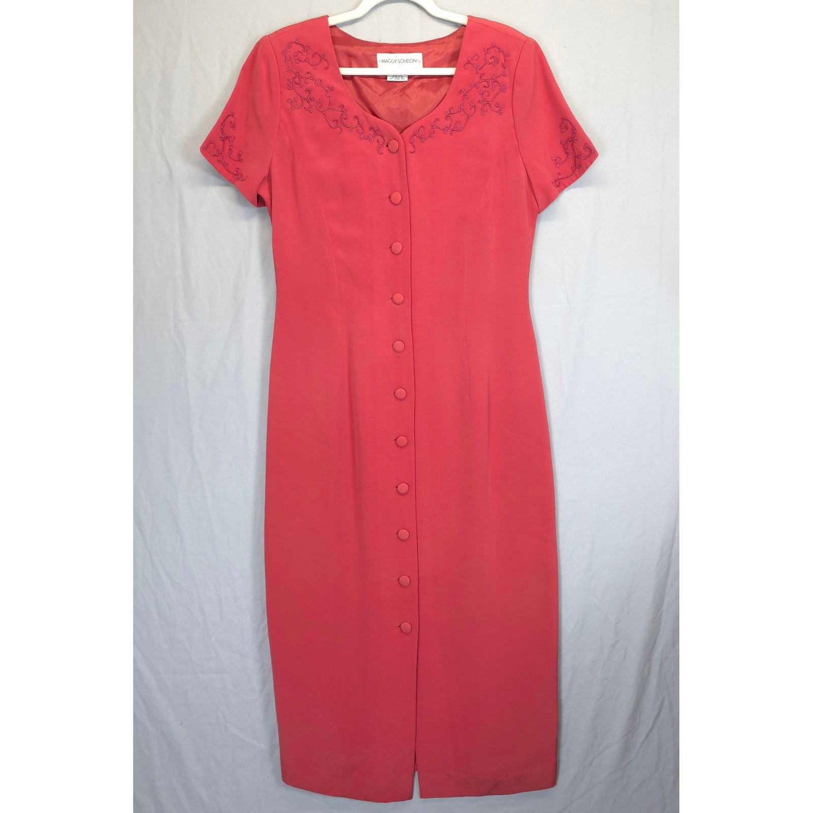 Maggy London Silk Dress Women 12 Coral Pink Embroidered Button Front Midi Church