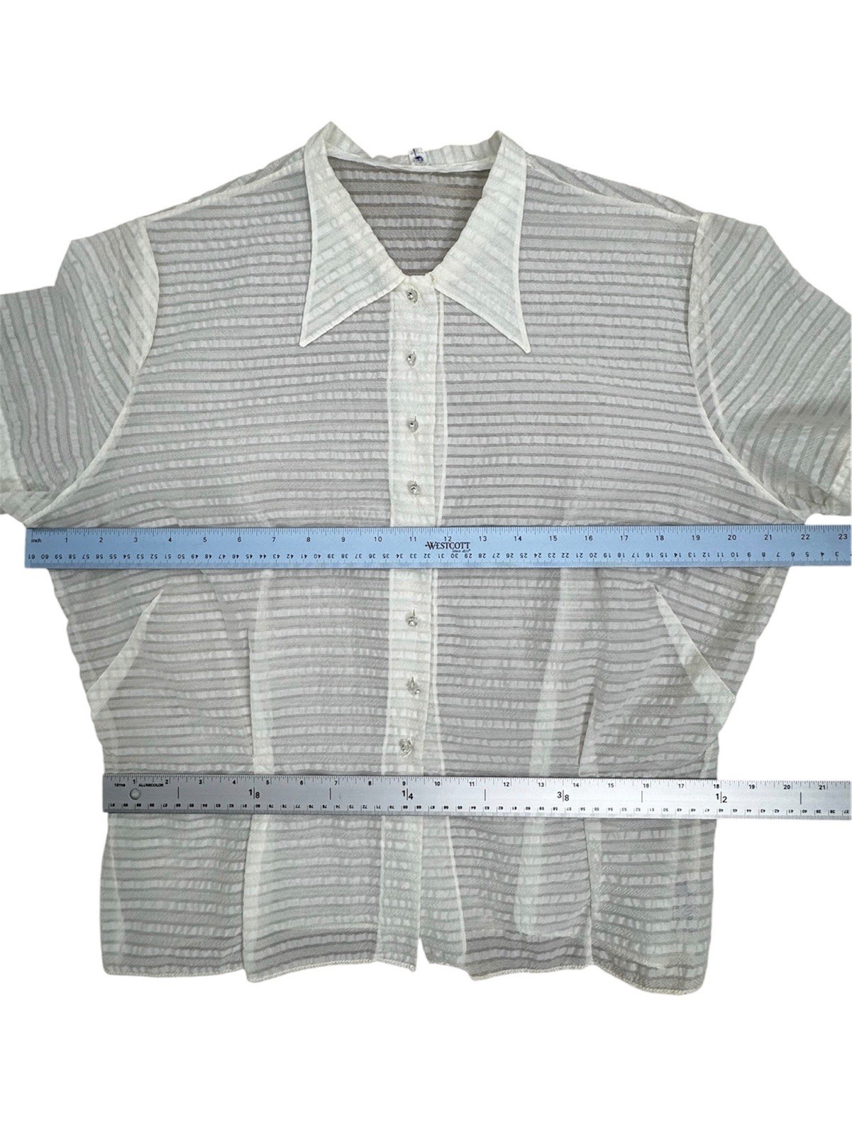 Vintage 50s Sheer Ivory Nylon Blouse Size 38 Short Sleeve Striped Point Collar