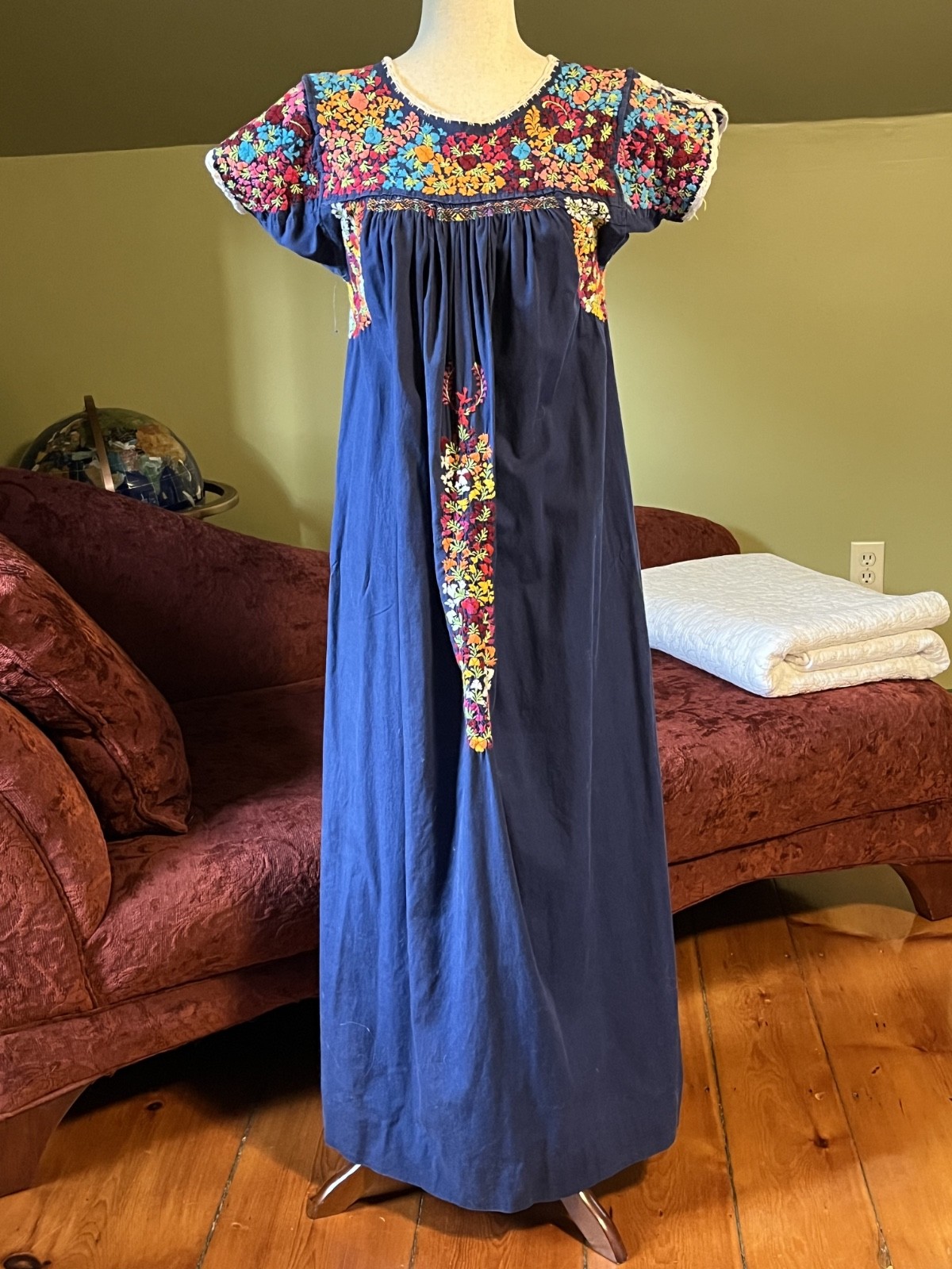 Vtg Blue Cotton Oaxacan Mexican Huipil Dress Embroidered Floral Maxi Sz S