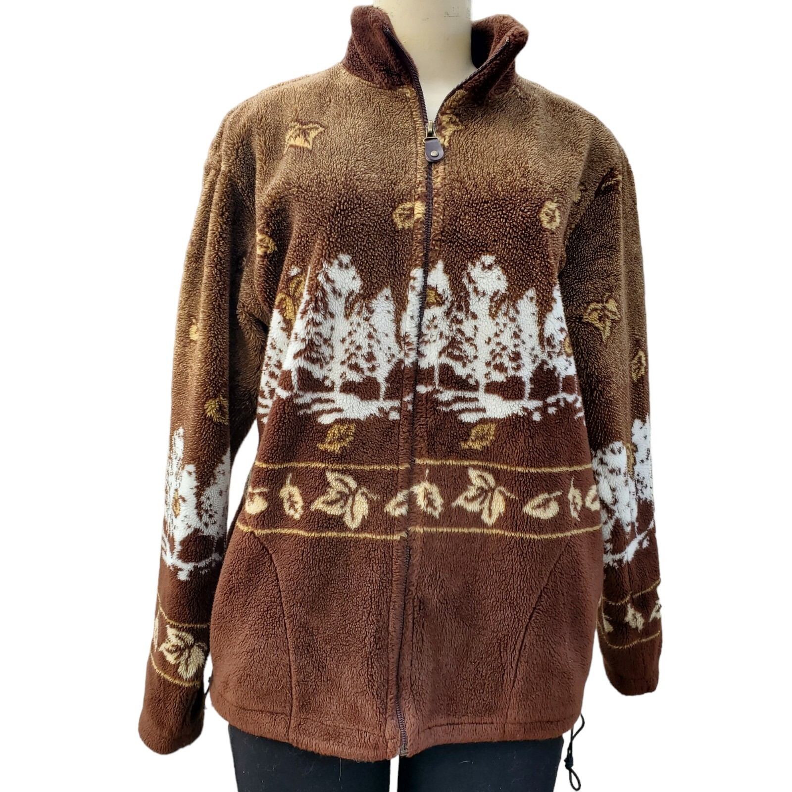 VTG 90s ART UNLIMITED Fleece Jacket AOP Autumn Graphic Brown Full-Zip Adult S