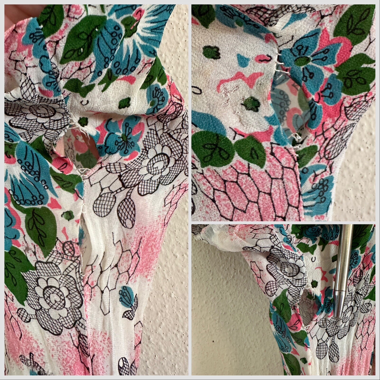 Vintage 1940s Floral Crepe Day Dress Big Collar Novelty Print Pink Blue Small
