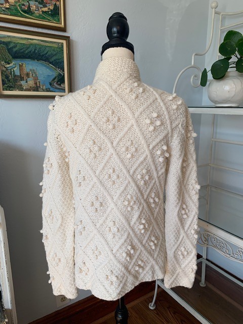 Vtg 60s Handmade Ivory Wool Cardigan Sweater Original Fisherman Pattern Med M S