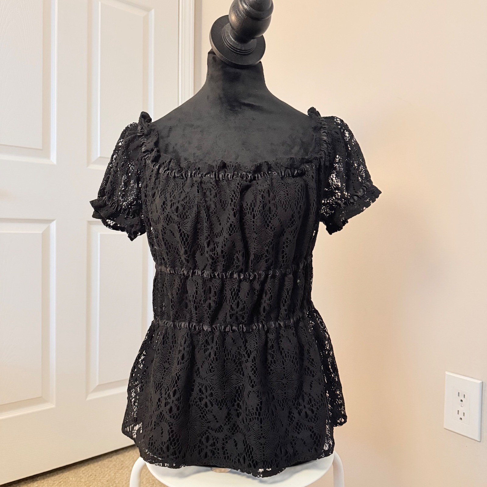 Vintage INC International Concepts Y2K Babydoll Black Top Lace SZ XL 90s