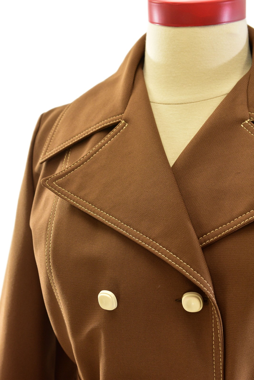 60s Brown Double Breasted Coat Ivory Top Stitching Womens L