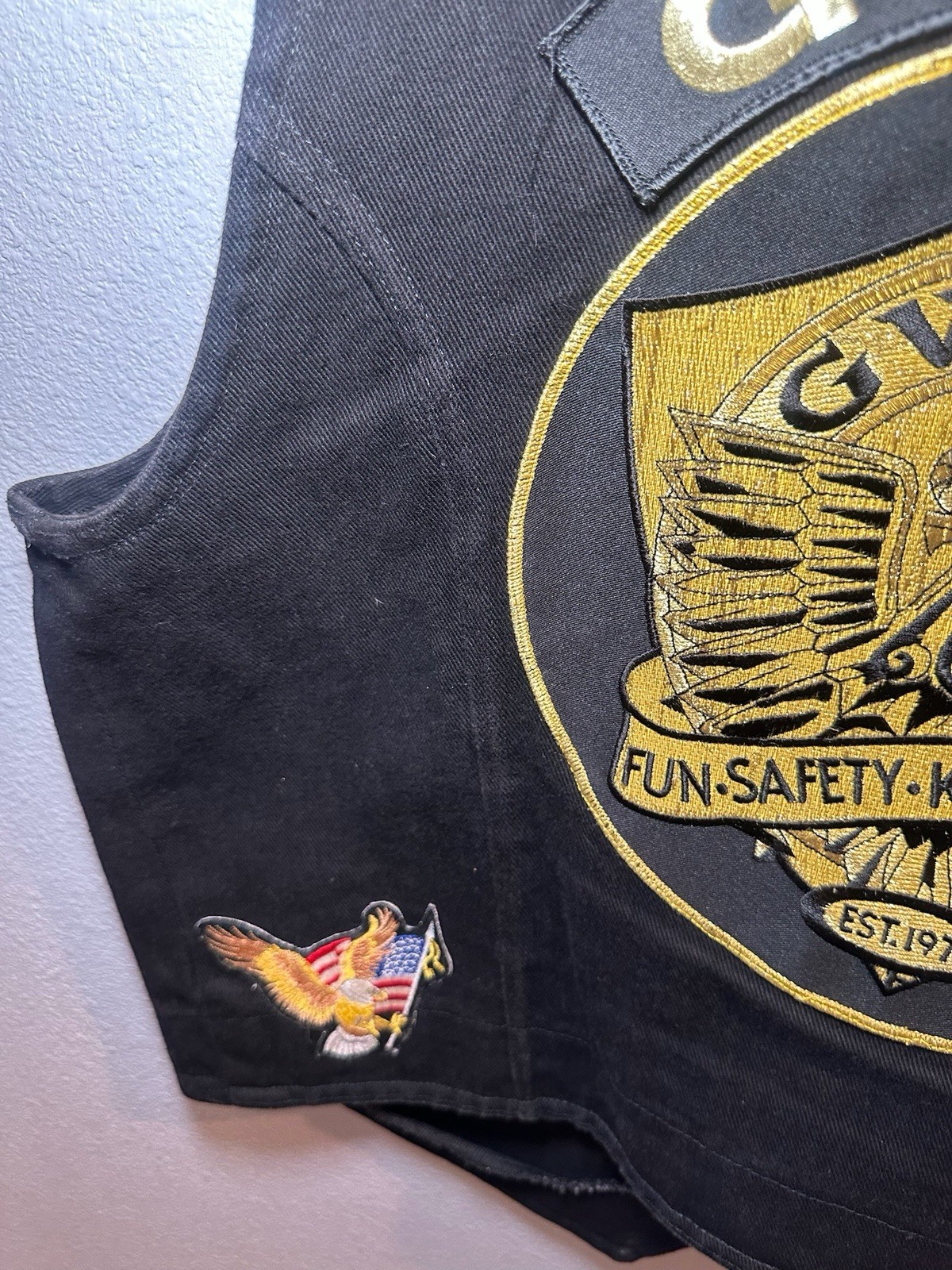 Vintage 90s Ladies Handmade Goldwing Rider Black Denim Vest Pins Patches GWRRA