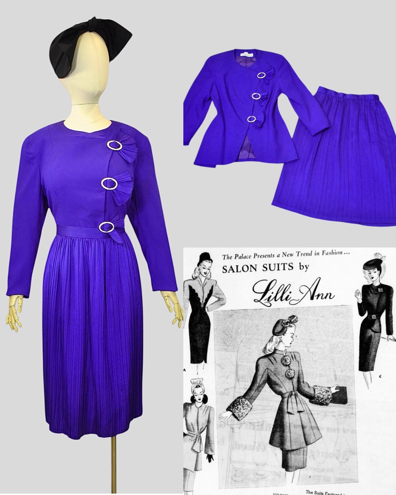 Vintage 1980s LILLI ANN Cocktail Dress Power Suit Violet Royal Blue 40s does 80s