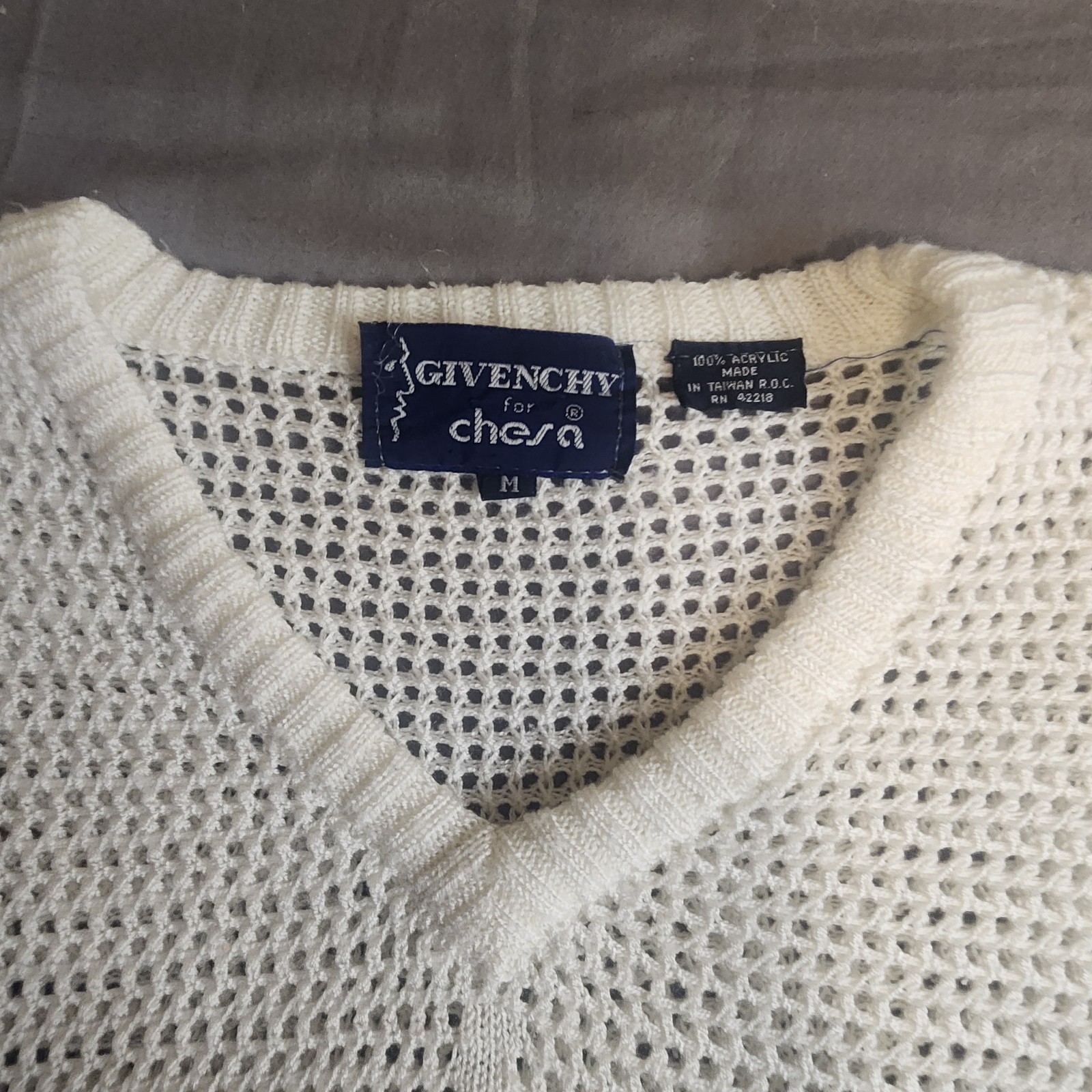 Vtg Givenchy for Chesa Palm Tree Knit Sweater White Mesh Open Weave M 80s