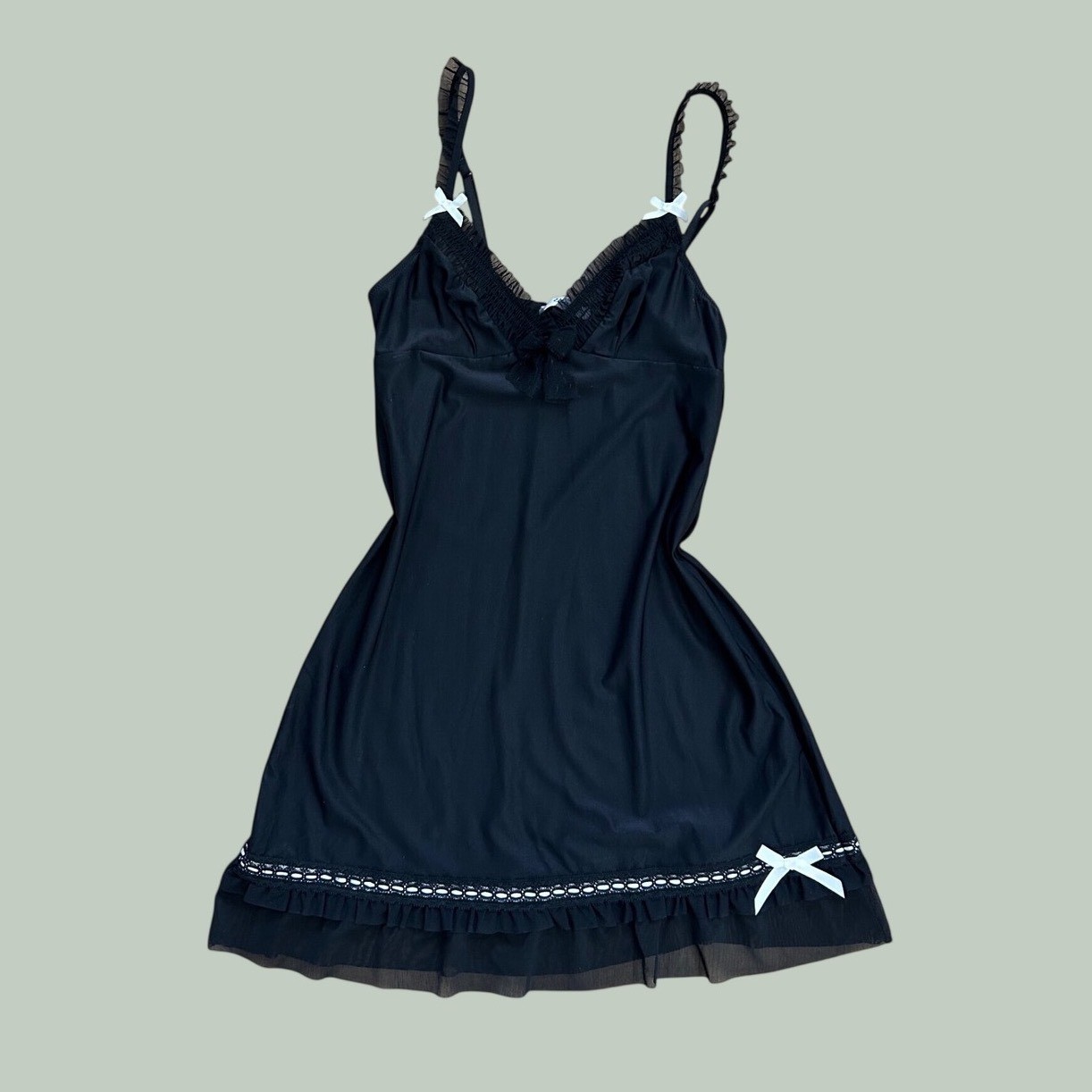 Vintage Black Coquette Slip mini Dress Bows Ruffle Trim sexy lingerie party