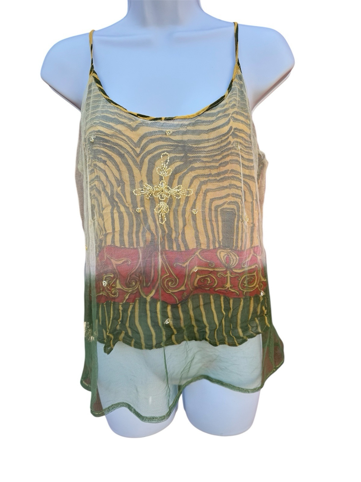 Vintage 90s Y2K Sheer Mesh Lace Beaded Tank Tattoo Grunge Goth Alt Earth Fairy