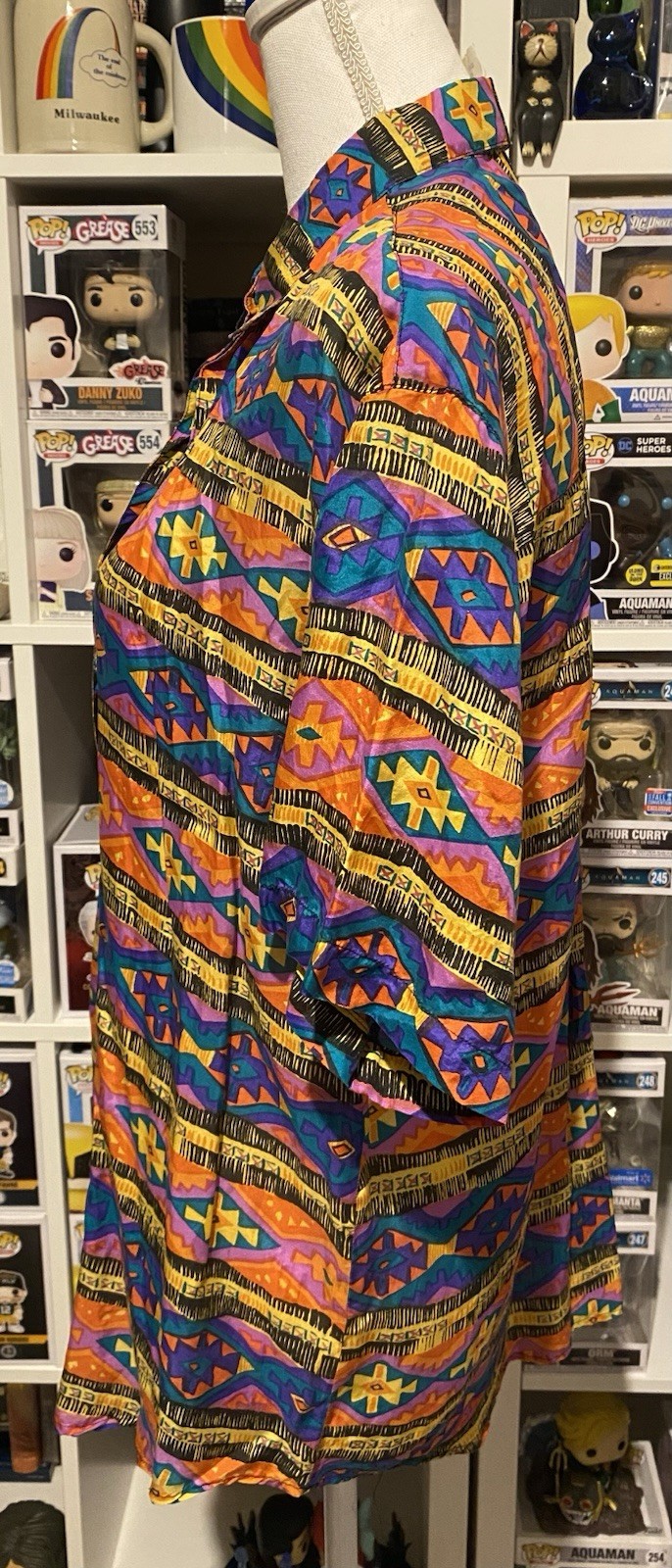 Vtg 90s Womens Medium Silk Short Sleeve Top “Tribes From The Land Of The Brave”