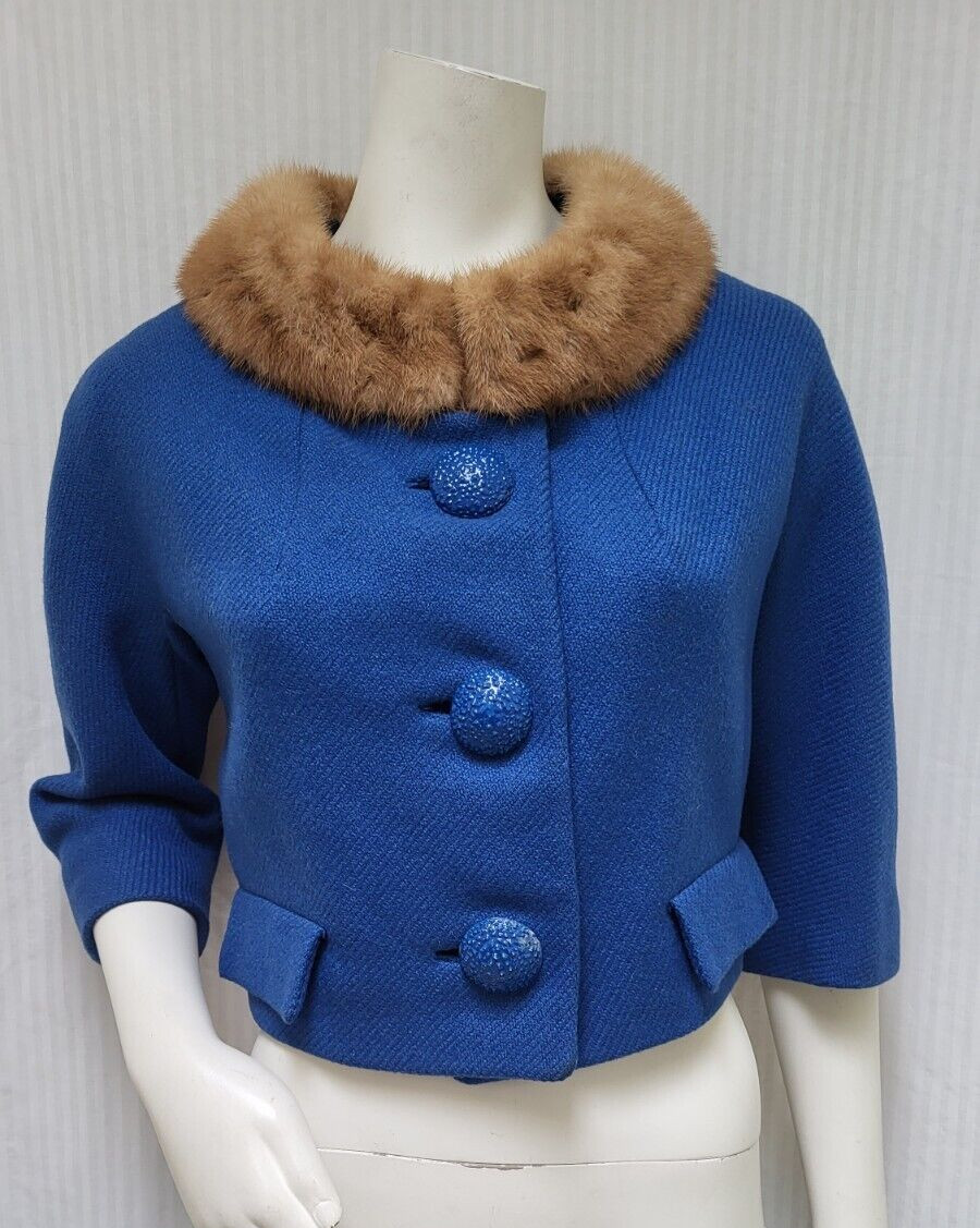 Vintage 1950/60’s Blue Wool Dolman Sleeve Fur Collar Cropped Jacket – Size M