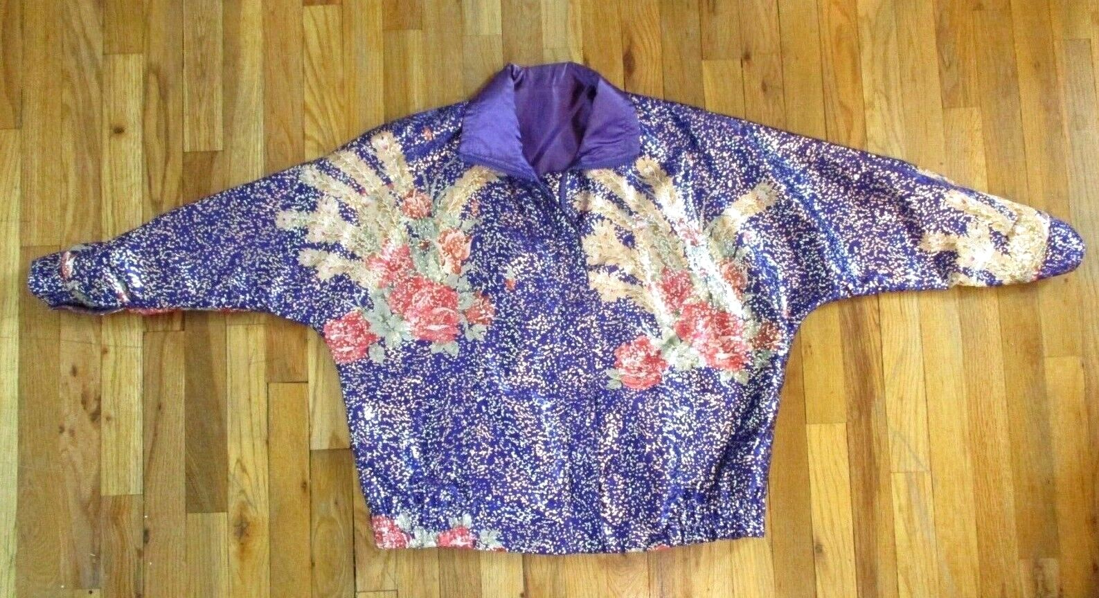 Vintage Purple Satin Jacket Womens Silver Floral Olympic Seoul one size 1980s