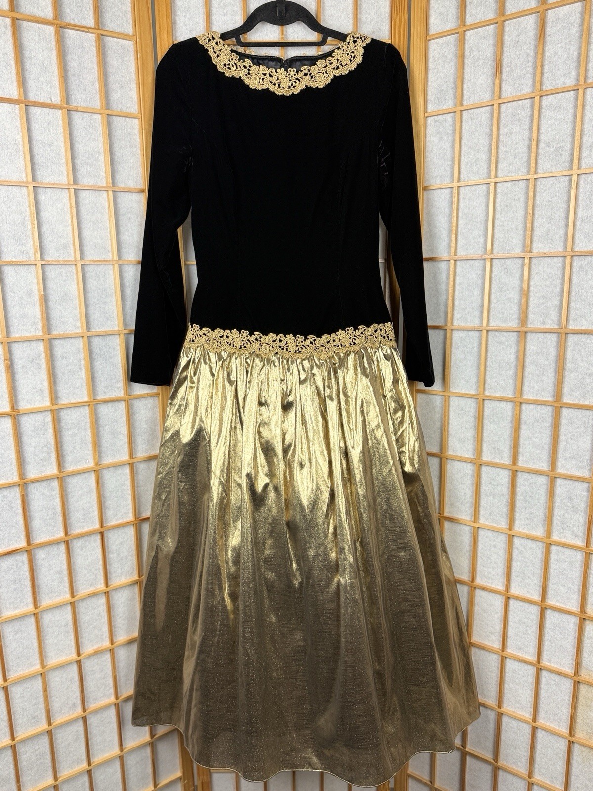 Vintage Scott McClintock Black Velvet Metallic Gold Prom Party Dress Size 6